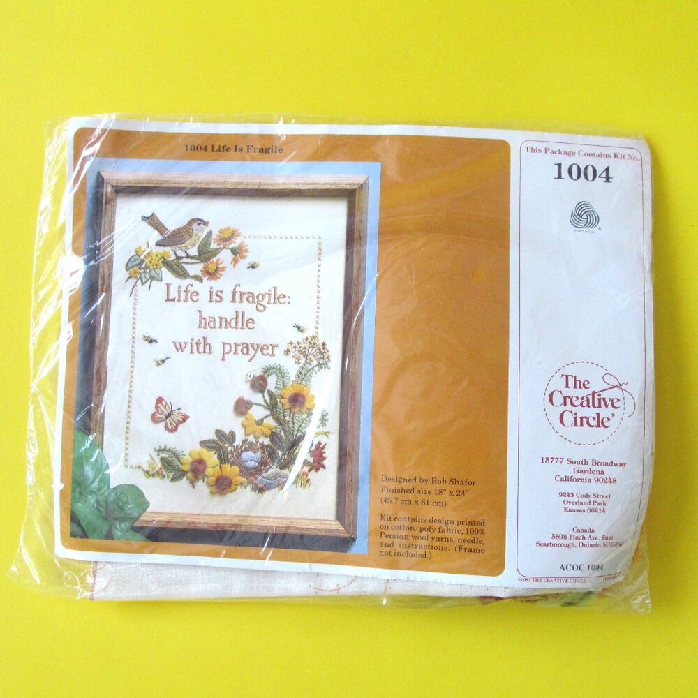 Vintage needlepoint craft kit Life is fragile Handle with care